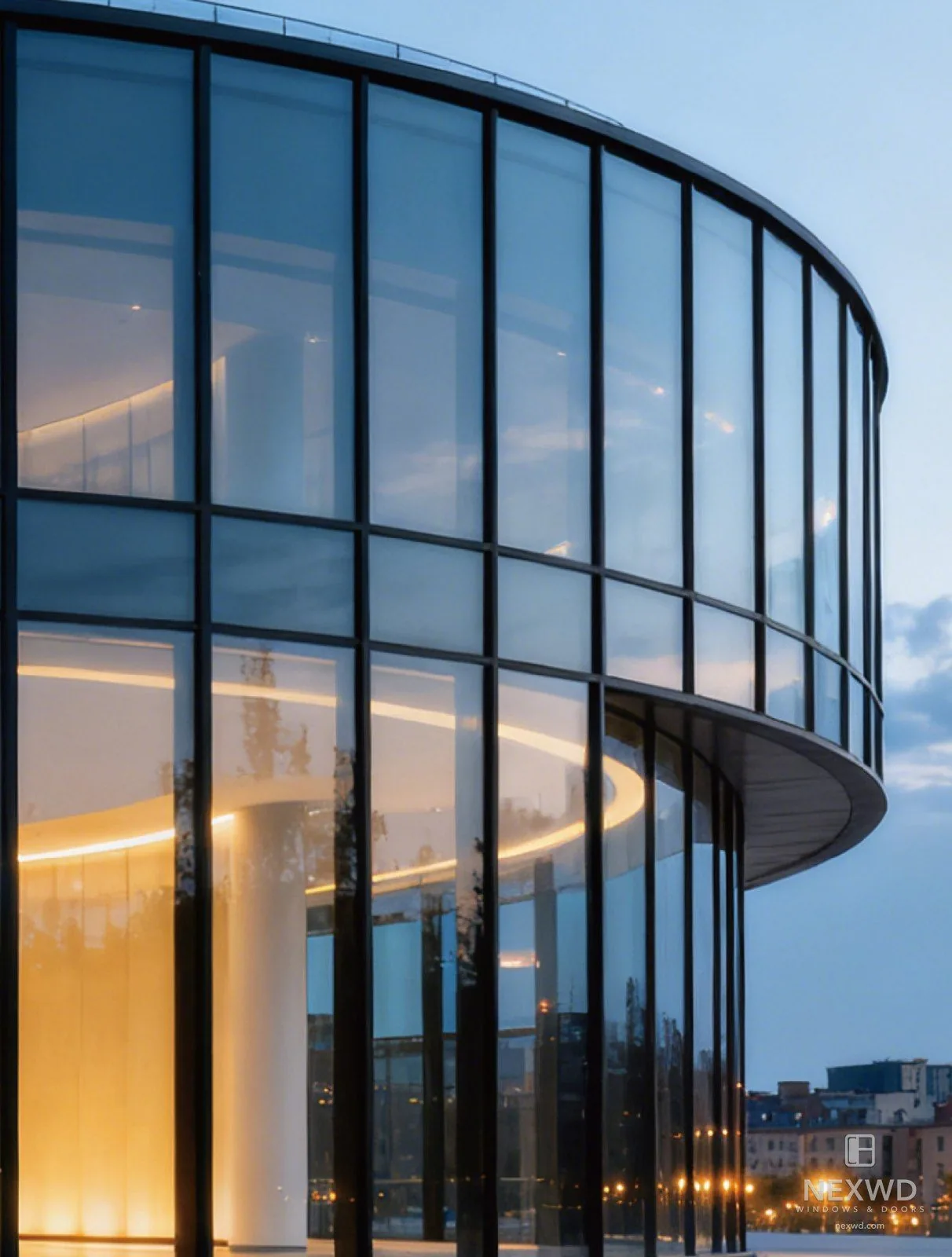 Curved glass curtain wall elevation photographed at dusk